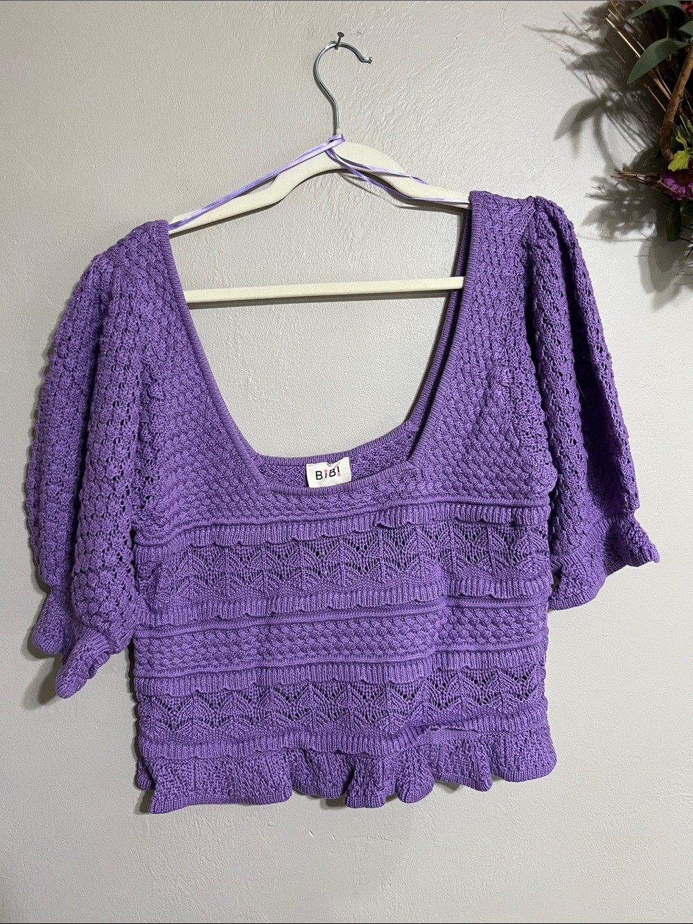 BiBi Lavender Crochet Puff Sleeve Crop Top